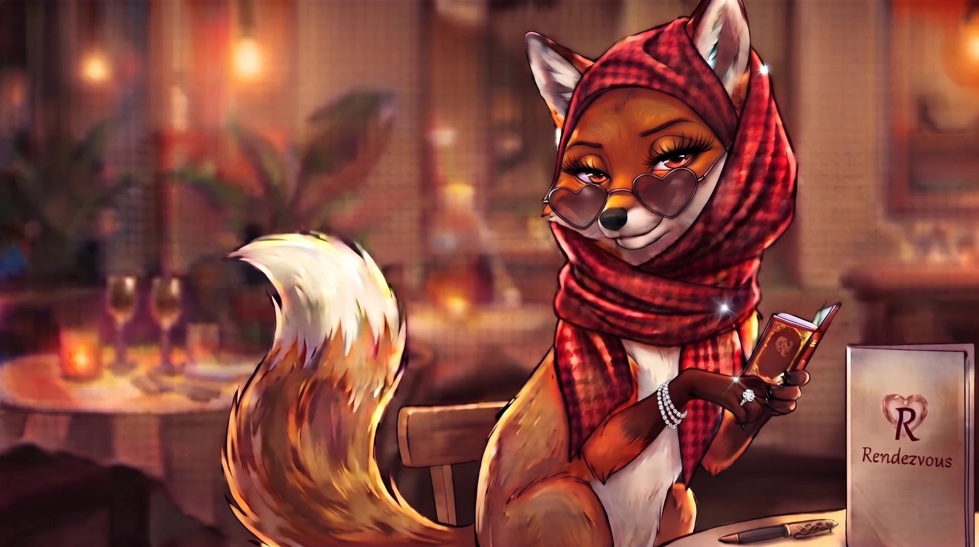 Ru the fox in a houndstooth scarf at a candlelit table